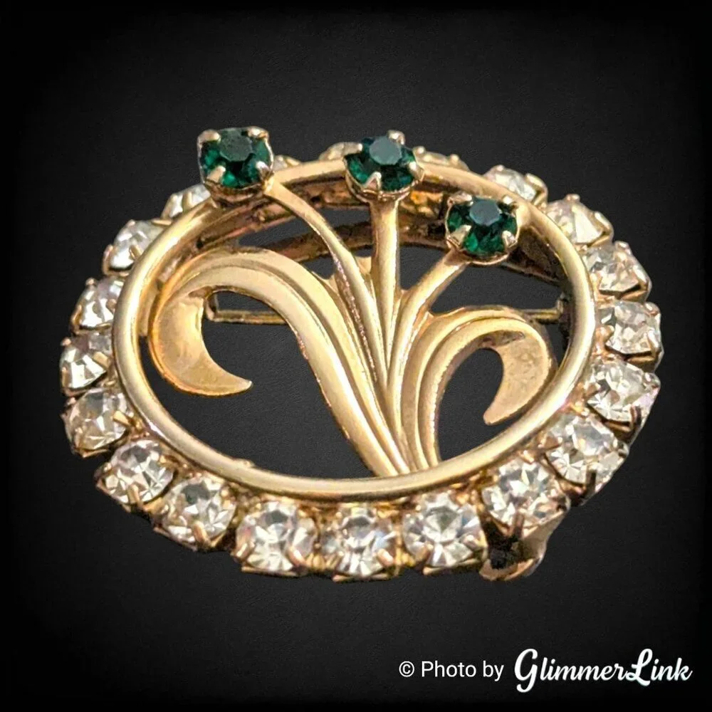 Vintage Mid Century Gold Tone Floral Clear & Green Rhinestone Circle Brooch